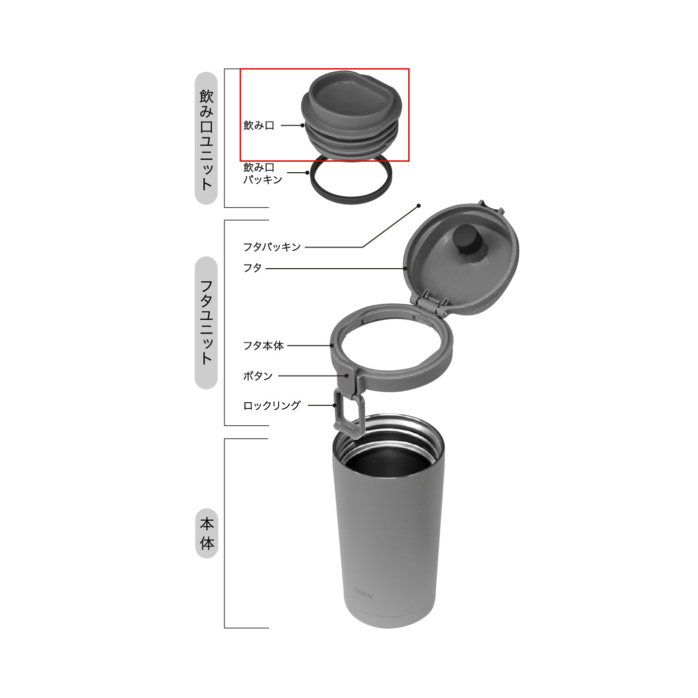 【部品】holms ワンタッチタンブラー 飲み口ユニット ダークグレー