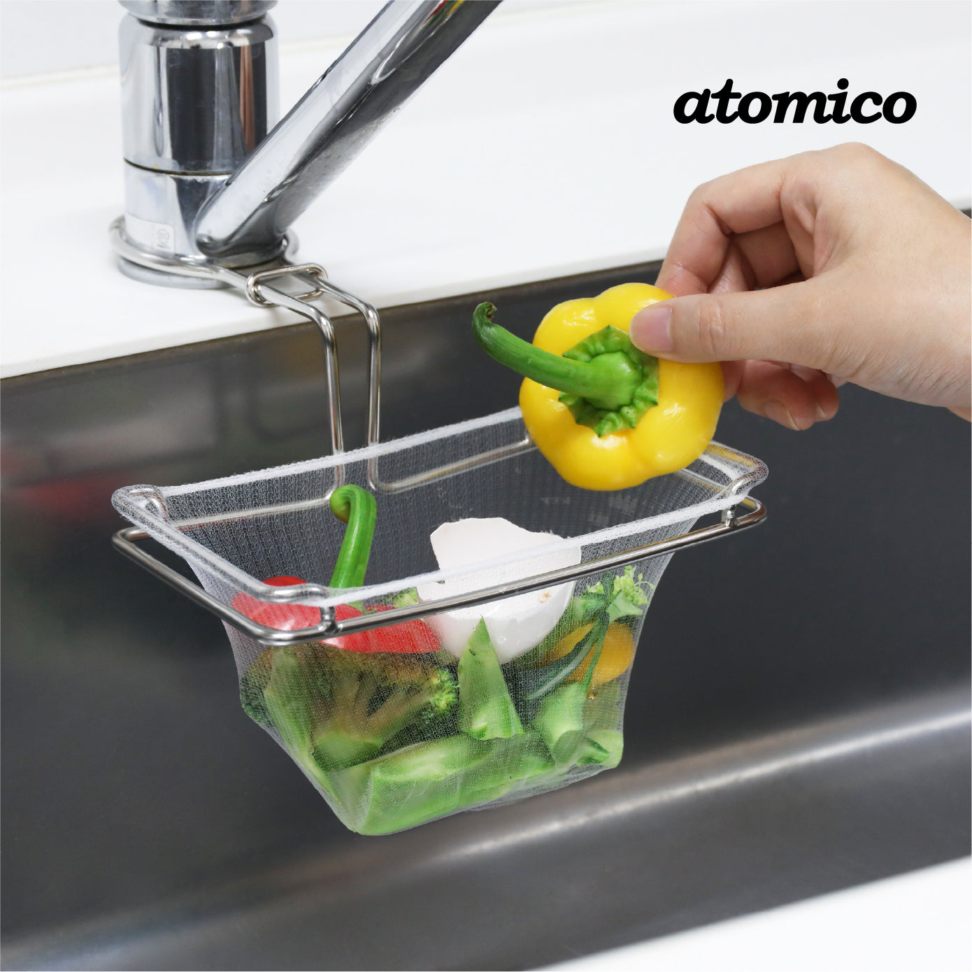 <span style="display:block; text-align:center;">atomico<br>蛇口に付ける水切りネットホルダー</span>