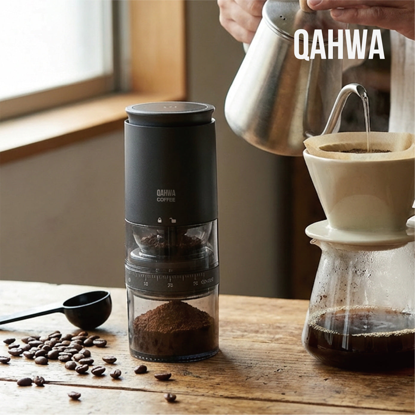 <span style="display:block; text-align:center;">
    QAHWA<br>
カフア コードレス電動コーヒーミル
</span>