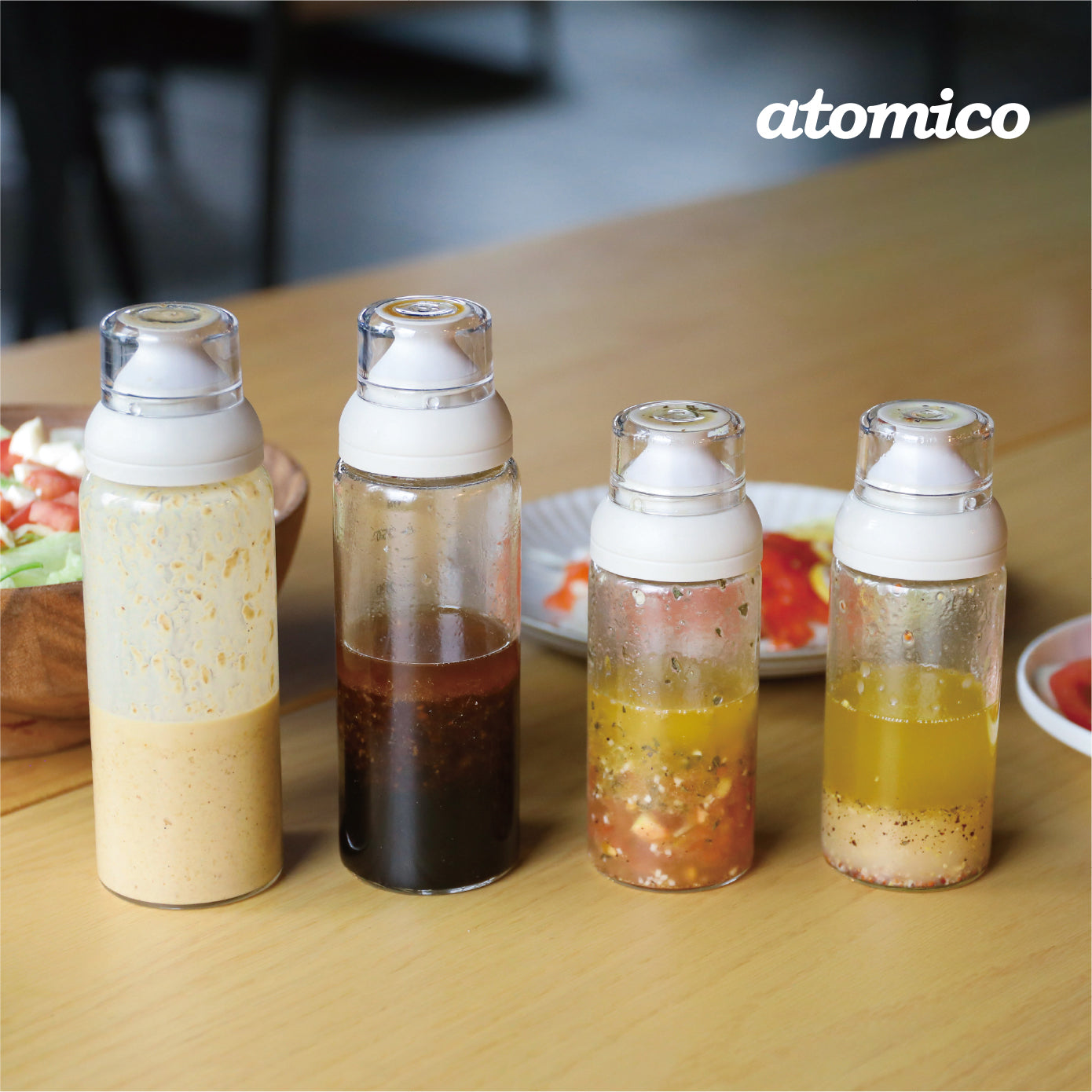 <span style="display:block; text-align:center;">atomico<br>液垂れしにくい 密閉ドレッシングボトル</span>