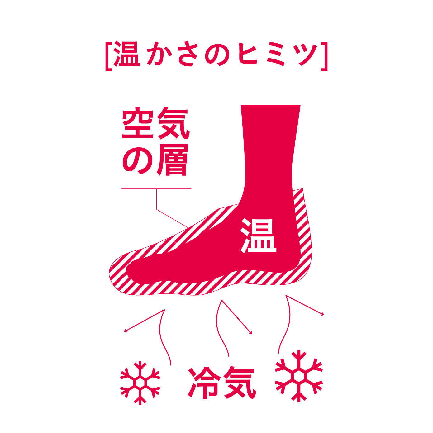 「二重編みパイル編み」で空気の層を作り、冷気から足元を守るので、まるで毛布に包まれるような温かさです。