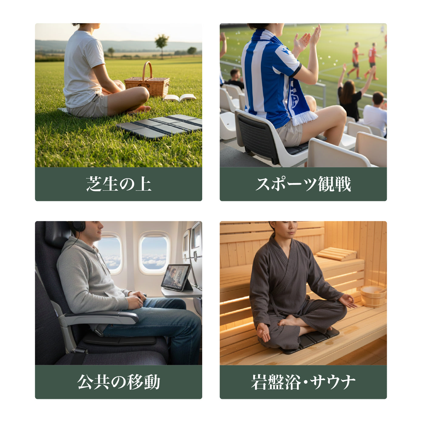 トトノイマットを敷くだけで土汚れが気になる芝生やゴツゴツして痛い地面・硬くて座りにくい床などでも快適に過ごせます。