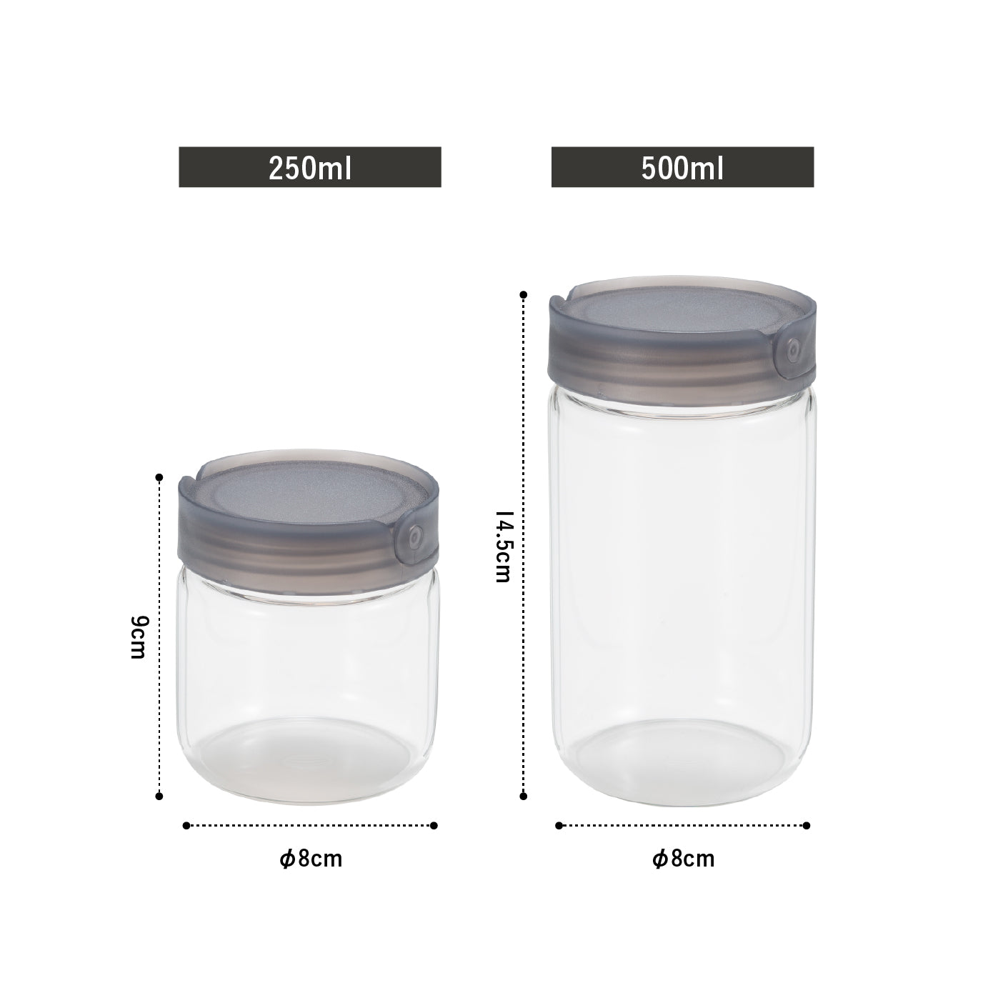 <span style="display:block; text-align:center;">
250ml/φ80×H90mm<br>
500ml/φ80×H145mm
</span>