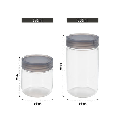 <span style="display:block; text-align:center;">
250ml/φ80×H90mm<br>
500ml/φ80×H145mm
</span>