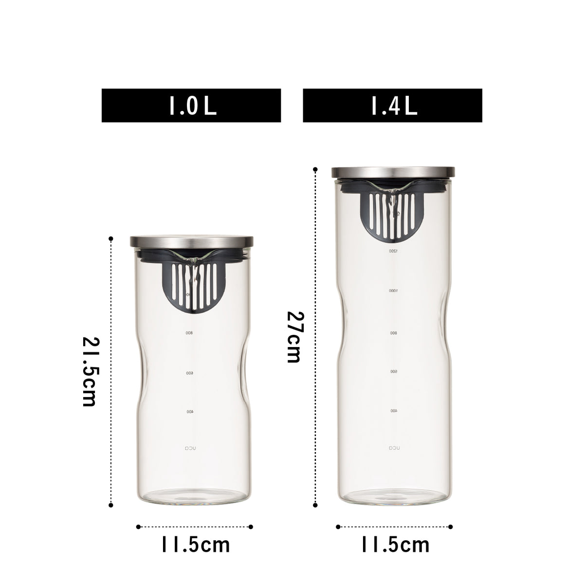 <span style="display:block; text-align:center;">
    【1.0L】サイズ/W115×D100×H215mm <br>
    【1.4L】サイズ/W115×D100×H270mm
</span>