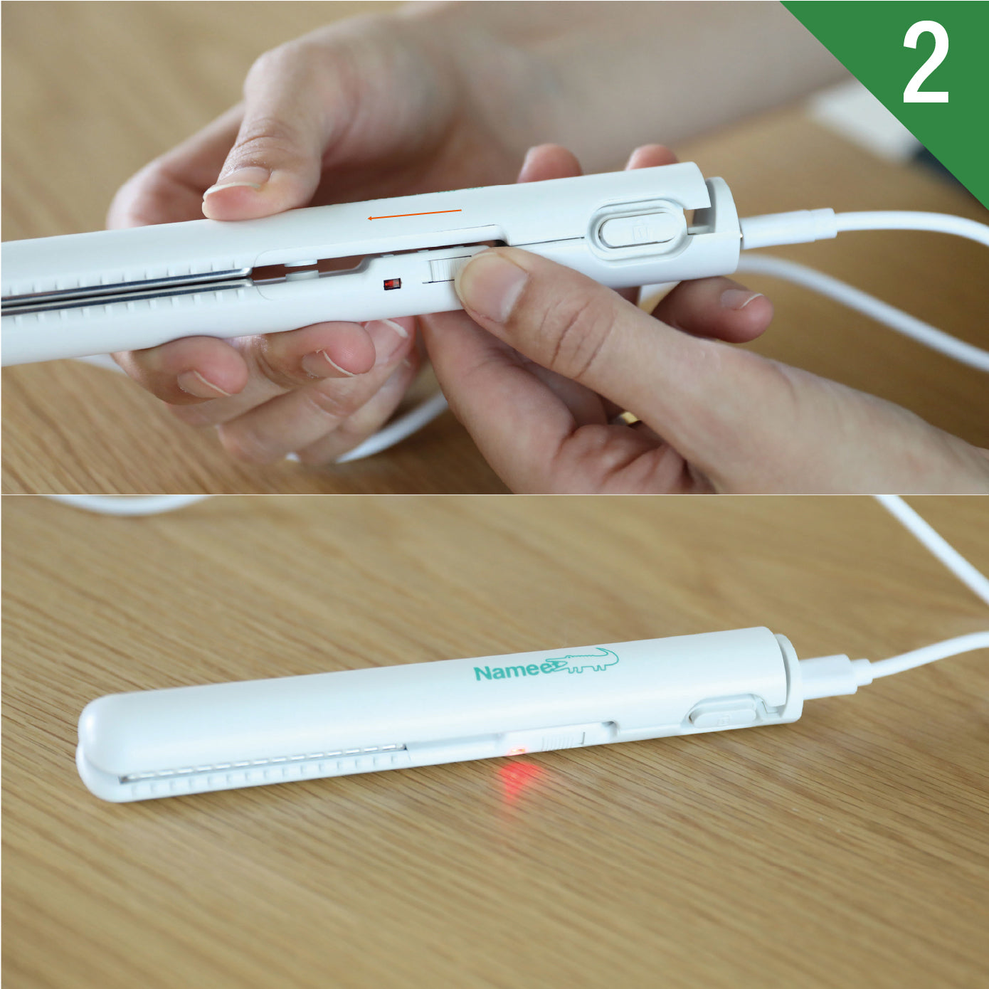 電源を入れたら、安全な場所に置いて温まるまで待ちます。（約5〜10分）<br>※熱に弱い素材の上に置かないで下さい。