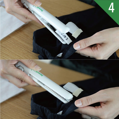 チャイルドロックを外してアイロンを開き、
アイロンネームと衣類を挟みます。既定の
秒数待てばネームタグがくっ付きます。